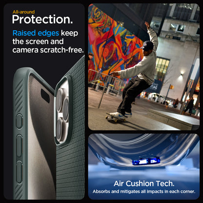 ACS06706 - iPhone 15 Pro Case Liquid Air in abyss green all-around protection. Raised edges keep the screen and camera scratch-free. Air Cushion Tech. Absorbs and mitigates all impacts in each corner