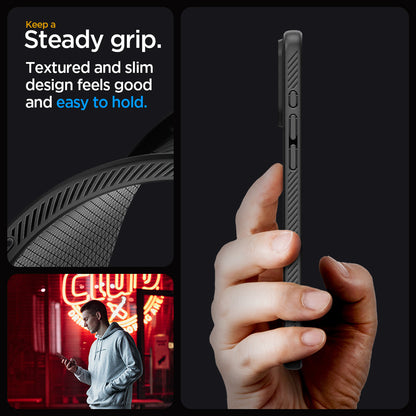 ACS06704 - iPhone 15 Pro Case Liquid Air in matte black showing the steady grip. Textured and slim design feels good and easy to hold