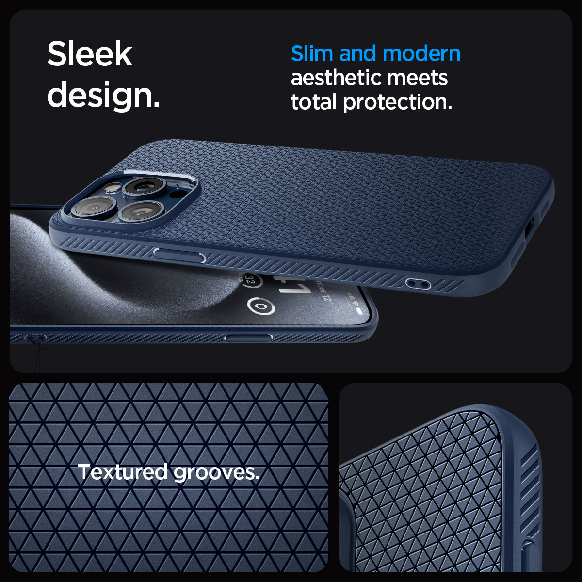 ACS06705 - iPhone 15 Pro Case Liquid Air in navy blue sleek design. Slim and modern aesthetic meets total protection with textured grooves