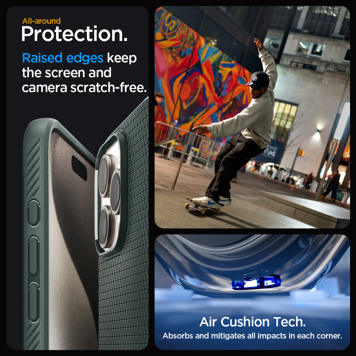 ACS06564 - iPhone 15 Pro Max Case Liquid Air in abyss green all-around protection. Raised edges keep the screen and camera scratch-free. Air Cushion Tech. Absorbs and mitigates all impacts in each corner