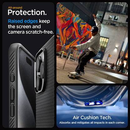 ACS06562 - iPhone 15 Pro Max Case Liquid Air in matte black all-around protection. Raised edges keep the screen and camera scratch-free. Air Cushion Tech. Absorbs and mitigates all impacts in each corner
