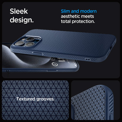 ACS06563 - iPhone 15 Pro Max Case Liquid Air in navy blue sleek design. Slim and modern aesthetic meets total protection with textured grooves