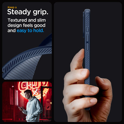 ACS06563 - iPhone 15 Pro Max Case Liquid Air in navy blue showing the steady grip. Textured and slim design feels good and easy to hold