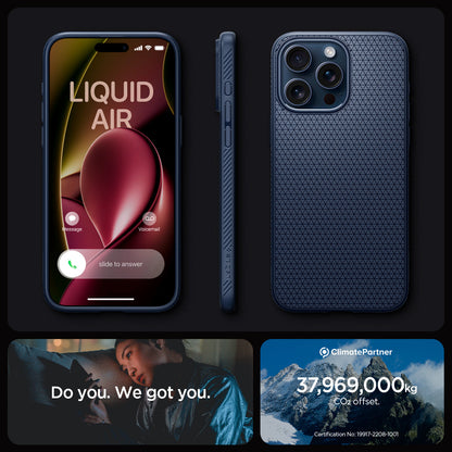 ACS06563 - iPhone 15 Pro Max Case Liquid Air in navy blue showing the different angles. do you. we got you.