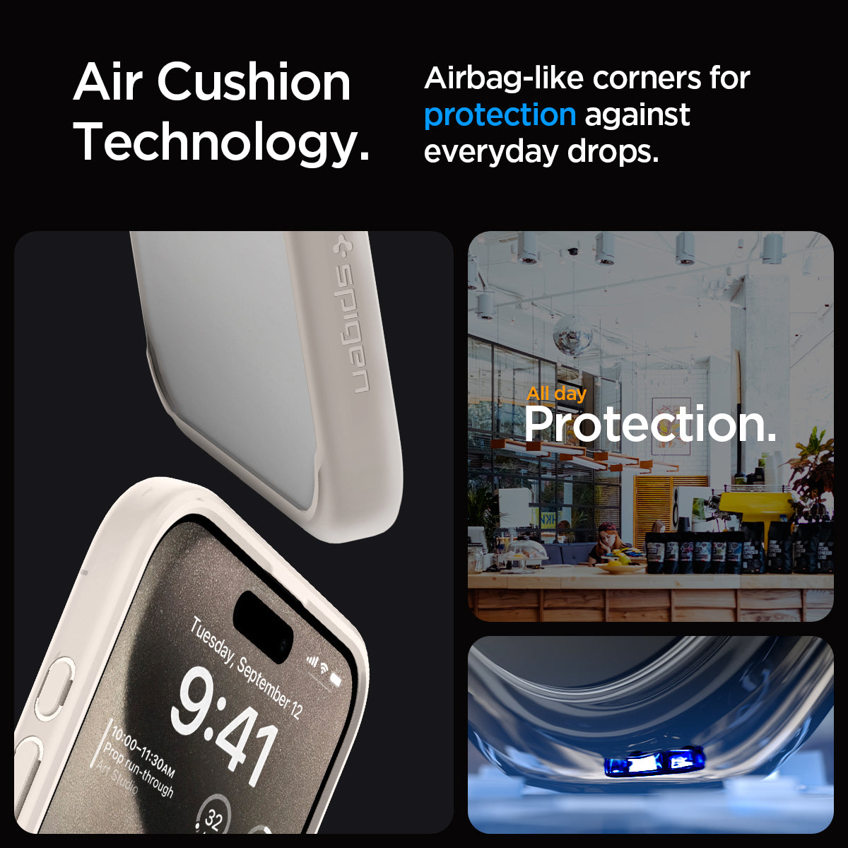 ACS07214 - iPhone 15 Pro Ultra Hybrid Case in Natural Titanium showing the air cushion technology. Airbag -like corners for protection against everyday drops