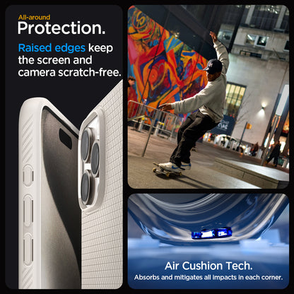 ACS07212 - iPhone 15 Pro Max Case Liquid Air in Natural Titanium all-around protection. Raised edges keep the screen and camera scratch-free. Air Cushion Tech. Absorbs and mitigates all impacts in each corner
