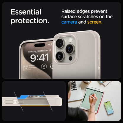 ACS07209 - iPhone 15 Pro Max Ultra Hybrid Case in Natural Titanium showing the essential protection. Raised edges prevent surface scratches n the camera and screen