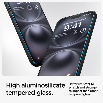 AGL06903 - iPhone 16 GLAS.tR EZ Fit Sensor Protected showing the high aluminosilicate tempered glass. Better resistant to scratch and stronger to impact than other tempered glass