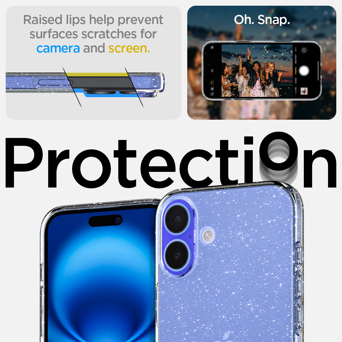 ACS08192 - iPhone 16 Case Liquid Crystal Glitter in Crystal Quartz raised lips help prevent surfaces scratches for camera and screen. oh snap. protection.