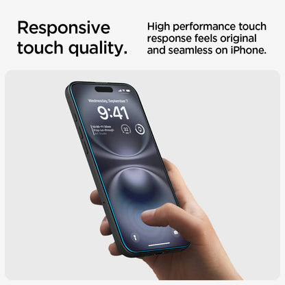 AGL06883 - iPhone 16 Plus GLAS.tR EZ Fit Sensor Protected showing the responsive touch quality. High performance touch response feels original and seamless on iPhone