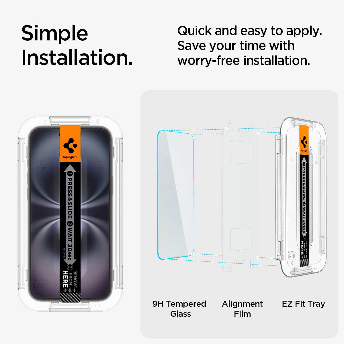 AGL06883 - iPhone 16 Plus GLAS.tR EZ Fit Sensor Protected showing the simple installation. Quick and easy to apply. Save your time with worry-free installation. 9H Tempered Glass, Alignment Film and EZ Fit Tray