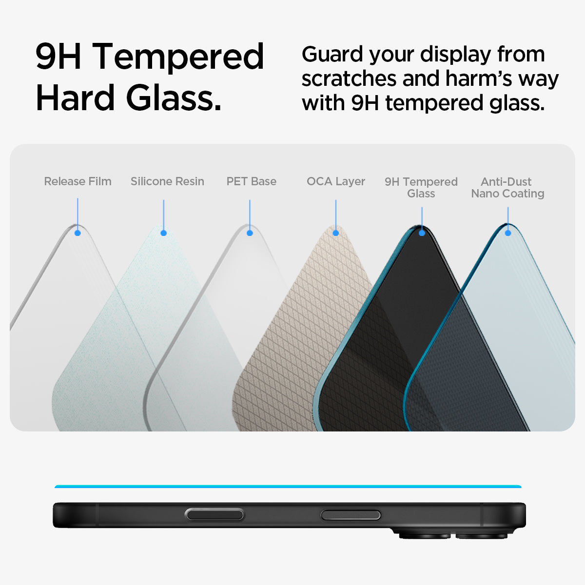 AGL06885 - iPhone 16 Plus GLAS.tR EZ Fit Privacy showing the 9H Tempered Hard Glass. Guard your display from scratches and harm's way with 9H tempered glass. Layers of parts of the glass
