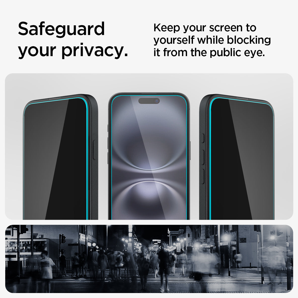 AGL06885 - iPhone 16 Plus GLAS.tR EZ Fit Privacy showing how to safeguard your privacy. Keep you screen to yourself while blocking it from the public eye