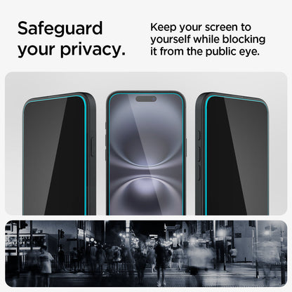 AGL06885 - iPhone 16 Plus GLAS.tR EZ Fit Privacy showing how to safeguard your privacy. Keep you screen to yourself while blocking it from the public eye
