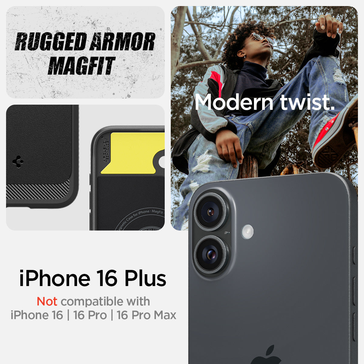 ACS08087 - iPhone 16 Plus Case Rugged Armor (MagFit) in Matte Black showing the modern twist. Compatibility only with iPhone 16 Plus. Not compatible with iPhone 16 | 16 Pro | 16 Pro Max
