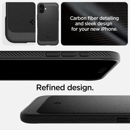ACS08087 - iPhone 16 Plus Case Rugged Armor (MagFit) in Matte Black showing the carbon fiber detailing and sleek design for your new iPhone. Refined design