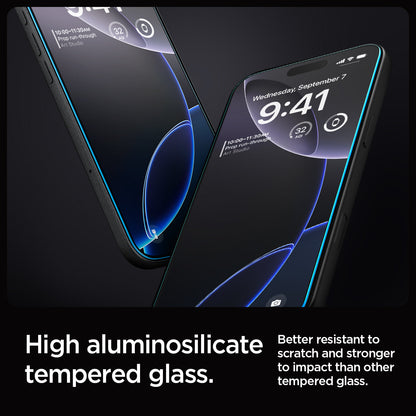 AGL07928 - iPhone 16 Pro GLAS.tR EZ Fit Sensor Protected showing the high aluminosilicate tempered glass. Better resistant to scratch and stronger to impact than other tempered glass