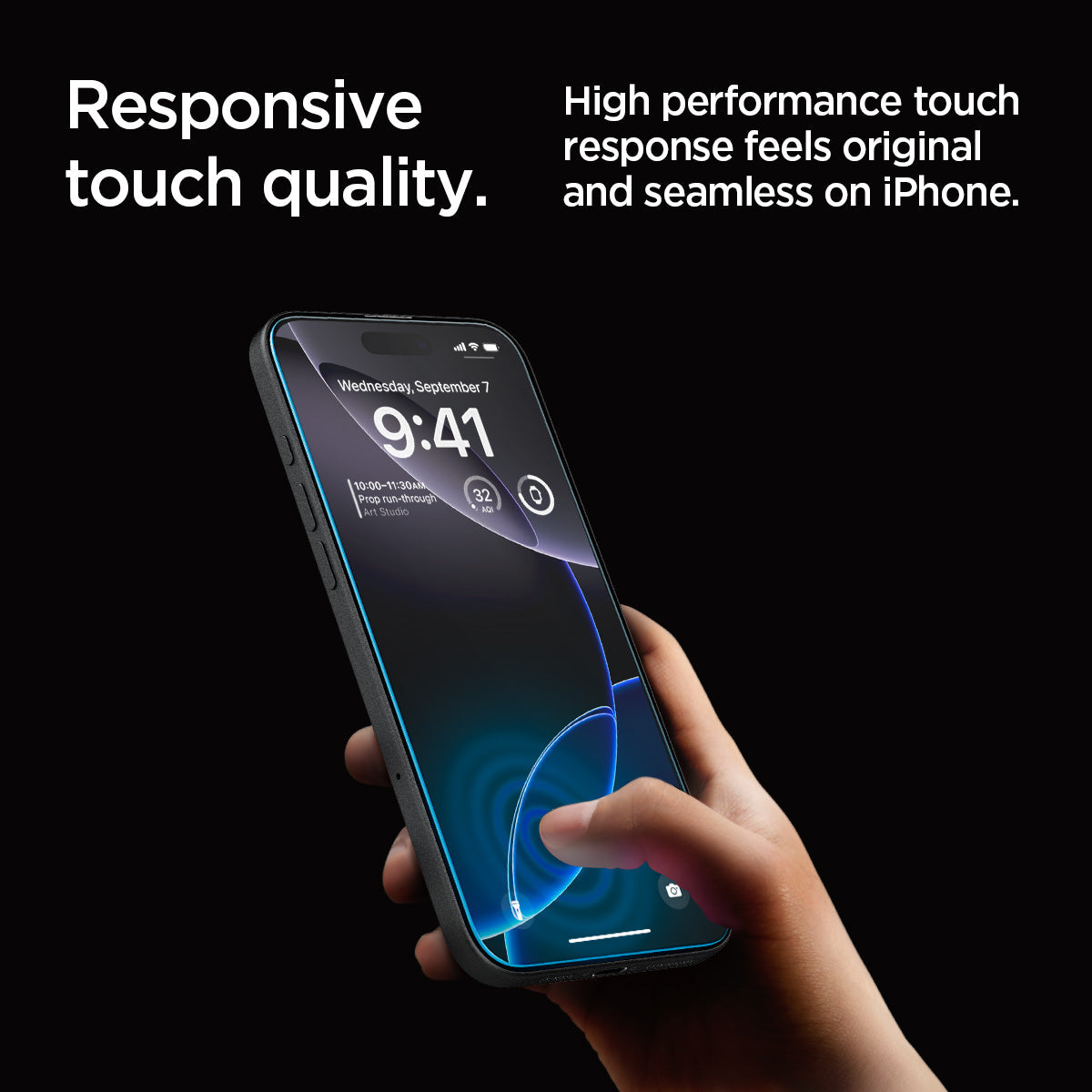 AGL07928 - iPhone 16 Pro GLAS.tR EZ Fit Sensor Protected showing the responsive touch quality. High performance touch response feels original and seamless on iPhone
