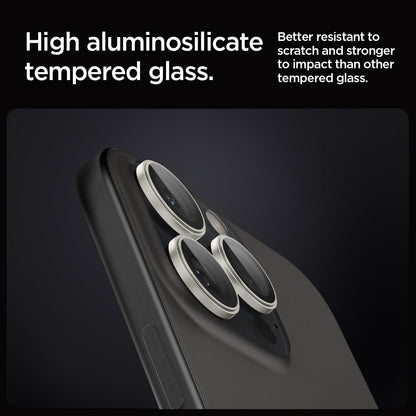 AGL08863 - iPhone 16 Pro Max / iPhone 16 Pro Optik Pro EZ Fit Lens Protector in Bright Silver showing the high aluminosilicate tempered glass. Better resistant to scratch and stronger to impact than other tempered glass