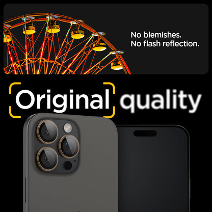 AGL08862 - iPhone 16 Pro Max Optik Pro EZ Fit Lens Protector in Desert Titanium showing the no blemishes, no flash reflection
