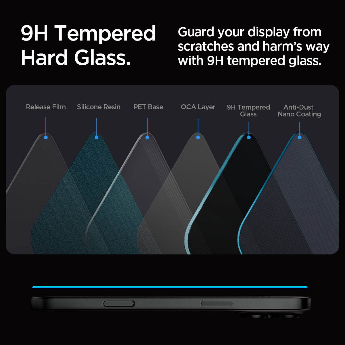 AGL07908 - iPhone 16 Pro Max GLAS.tR EZ Fit Privacy showing the 9H Tempered Hard Glass. Guard your display from scratches and harm's way with 9H tempered glass. Layers of parts of the glass