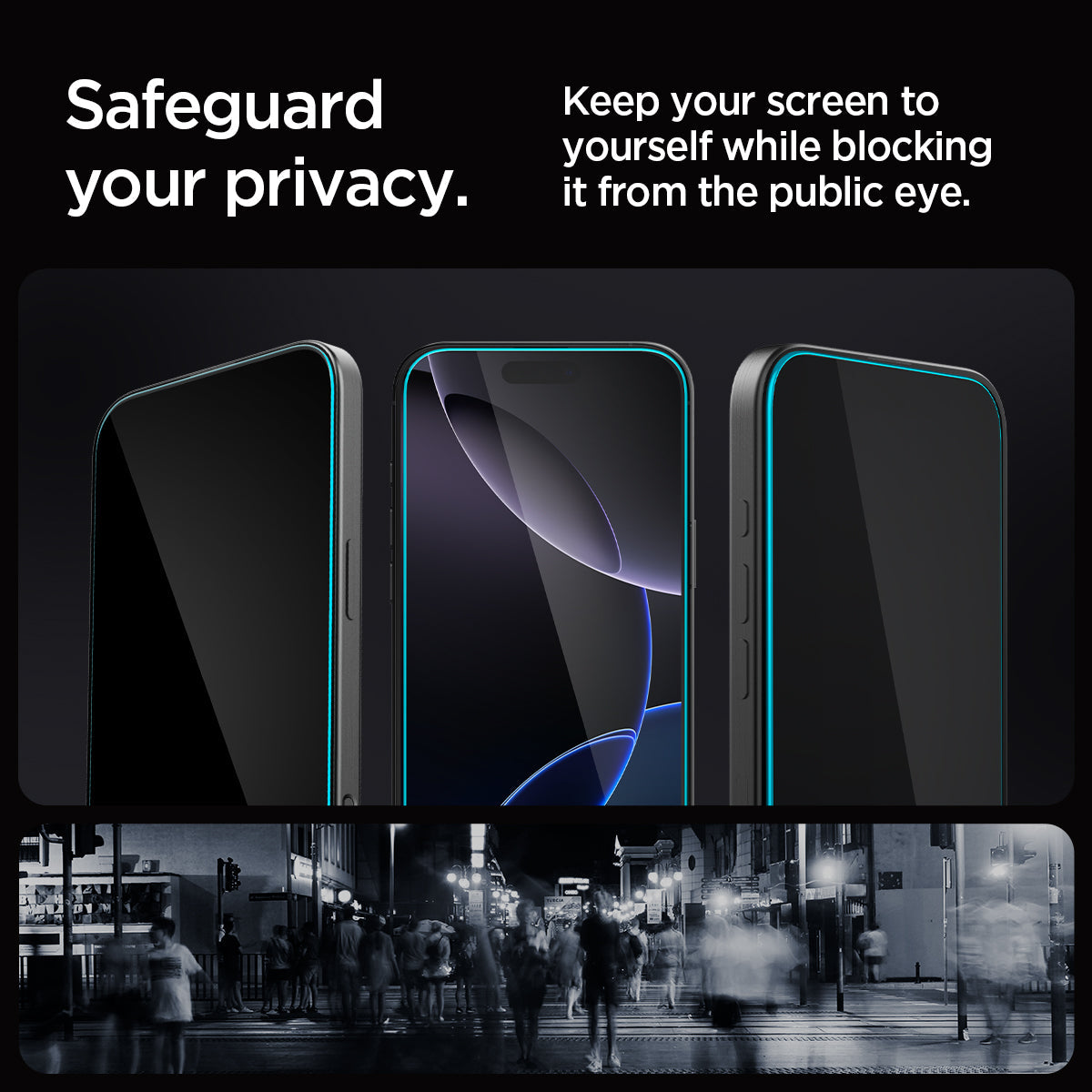 AGL07908 - iPhone 16 Pro Max GLAS.tR EZ Fit Privacy showing how to safeguard your privacy. Keep you screen to yourself while blocking it from the public eye