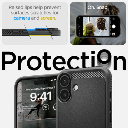 ACS08214 - iPhone 16 Case Rugged Armor (MagFit) in Matte Black showing the raised lips help prevent surfaces scratches for camera and screen