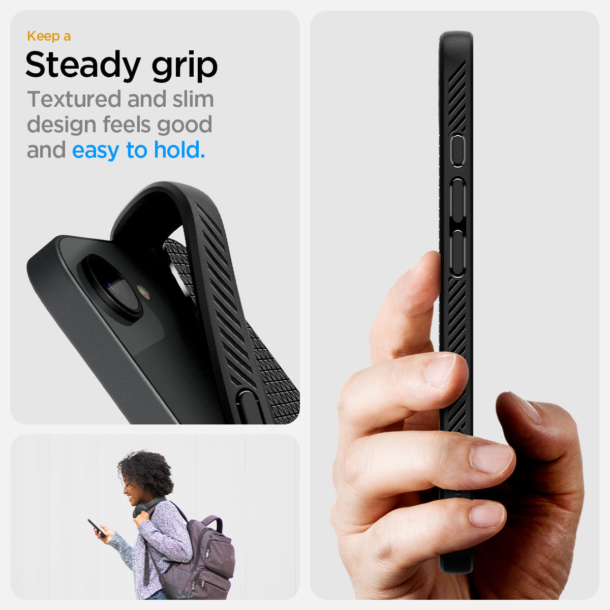 ACS09151 - iPhone 17e Case Liquid Air (MagFit) in Matte Black showing the steady grip feature. Textured and slim design feels good and easy to hold