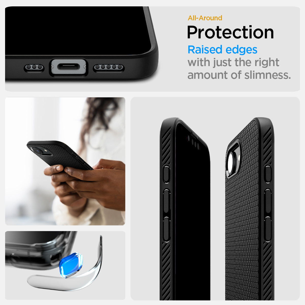 ACS09151 - iPhone 17e Case Liquid Air (MagFit) in Matte Black showing the all-around protection. Raised edges with just the right amount of slimness