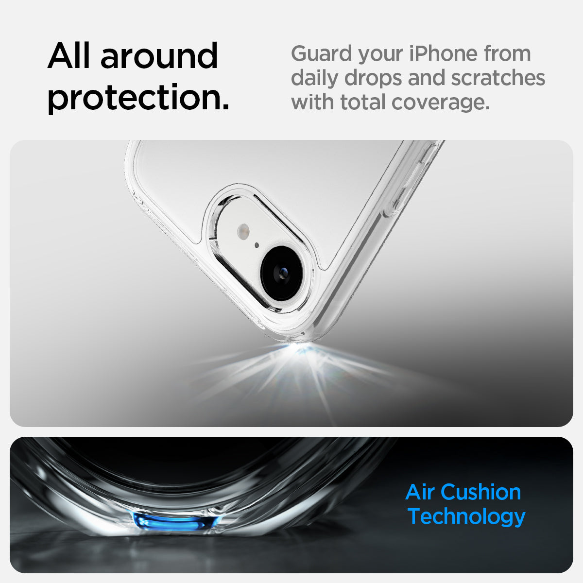 ACS09160 - iPhone 17e Case Ultra Hybrid in Crystal Clear showing the all around protection. Guard your iPhone from daily drops and scratches with total coverage with Air Cushion Technology