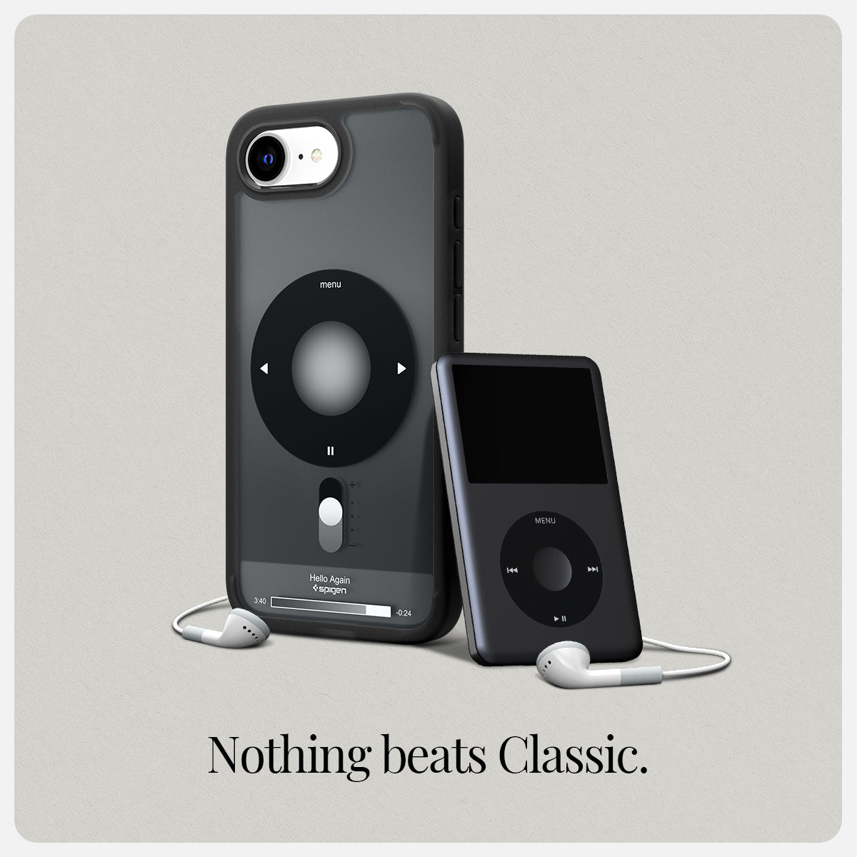 ACS09146 - iPhone 16e Case Ultra Hybrid Classic (MagFit) in Classic Black showing the back and partial side of the device with the case on and the ipod