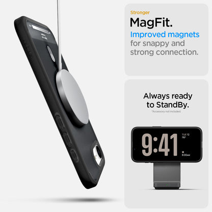 ACS09146 - iPhone 16e Case Ultra Hybrid Classic (MagFit) in Classic Black showing the stronger MagFit. Improved magnets for snappy and strong connection. Always ready to StandBy