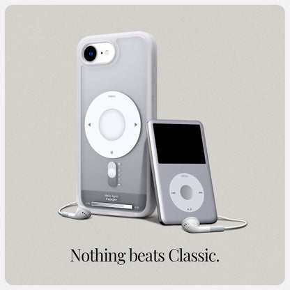 ACS09147 - iPhone 16e Case Ultra Hybrid Classic (MagFit) in Classic Silver showing the back and partial side of the device with the case on and the ipod