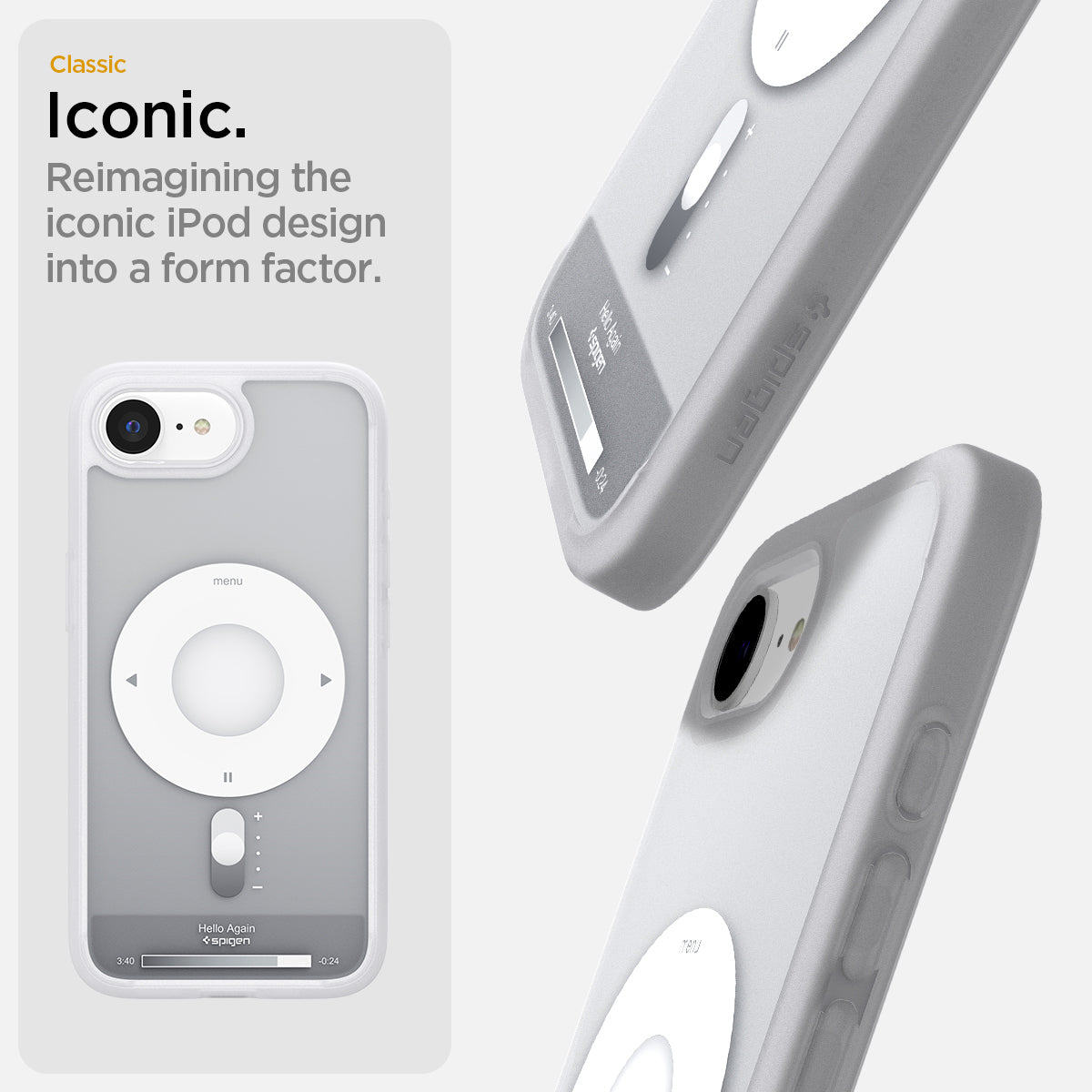 ACS09147 - iPhone 16e Case Ultra Hybrid Classic (MagFit) in Classic Silver showing the classic Iconic. Remaining the iconic iPod design into a form factor