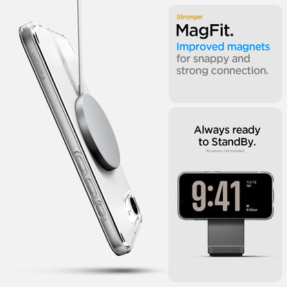 ACS09145 - iPhone 17e Case Ultra Hybrid (MagFit) in Frost White showing the stronger MagFit. Improved magnets for snappy and strong connection. Always ready to StandBy