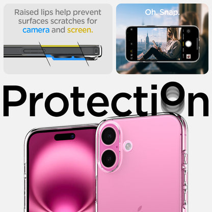 ACS08064 - iPhone 16 Plus Case Liquid Crystal in Crystal Clear raised lips help prevent surfaces scratches for camera and screen. oh snap. protection.