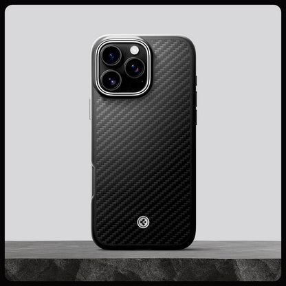 ACS08151 - iPhone 16 Pro Case Enzo Aramid in Black Silver showing whole case on the rock.