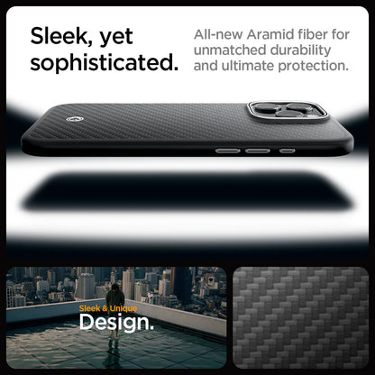 ACS08151 - iPhone 16 Pro Case Enzo Aramid in Black Silver sleek, yet, sophisticated. All new aramid fiber for unmatched durability and ultimate protection.