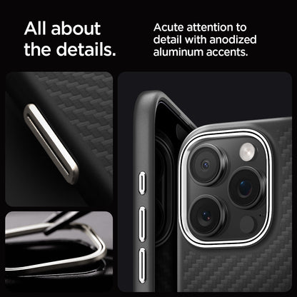 ACS08151 - iPhone 16 Pro Case Enzo Aramid in Black Silver all about the details. Acute attention to detail with anodized aluminum accents.