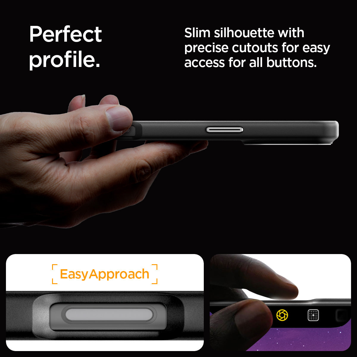ACS08151 - iPhone 16 Pro Case Enzo Aramid in Black Silver perfect profile. Slim silhouette with precise cutouts for easy access for all buttons.