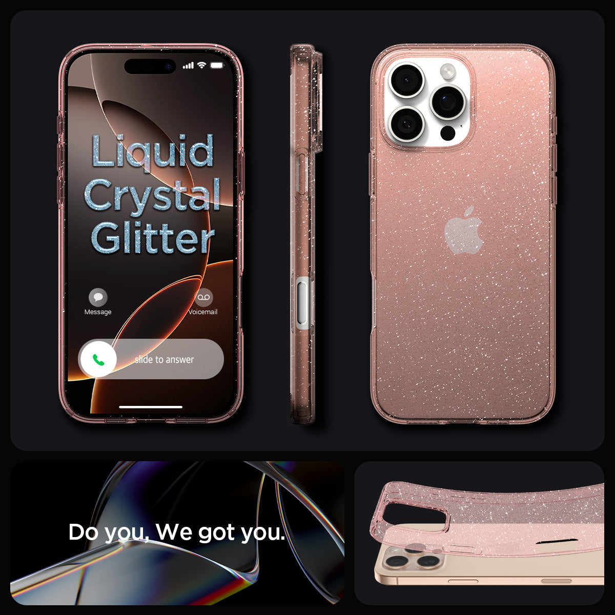 ACS08114 - iPhone 16 Pro Case Liquid Crystal Glitter in Rose Quartz liquid crystal glitter. do you. we got you.