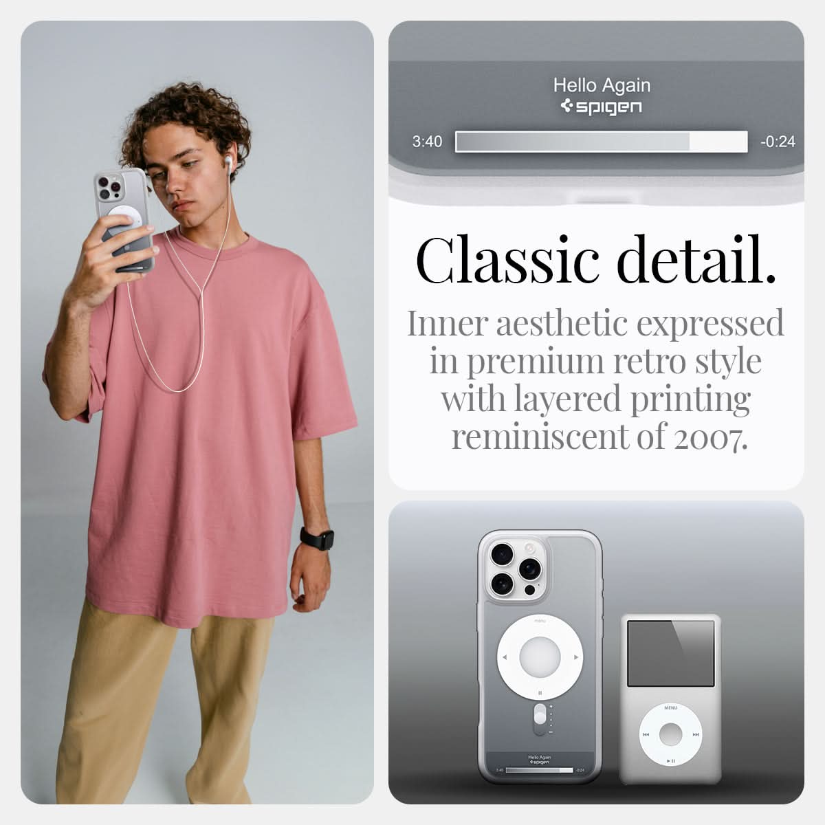ACS08139 - iPhone 16 Pro Case Ultra Hybrid Classic (MagFit) in Classic Silver classic detail. Inner aesthetic expressed in premium retro style with layered printing reminiscent of 2007.