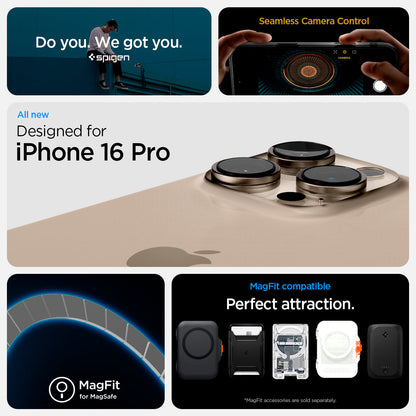 ACS08514 - iPhone 16 Pro Case Ultra Hybrid T (MagFit + Camera Control) in Frost Black showing the air cushion technology, designed for iPhone 16 Pro, and MagFit compatible