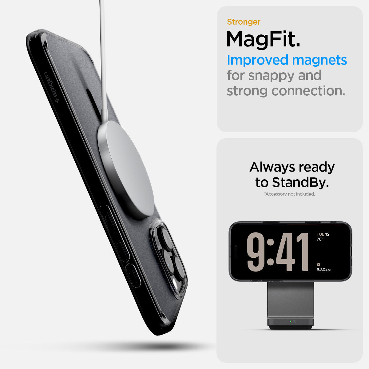 ACS08514- iPhone 16 Pro Case Ultra Hybrid T (MagFit + Camera Control) in Frost Black showing its stronger MagFit, improved magnets, for snappy and strong connection, always ready to standby