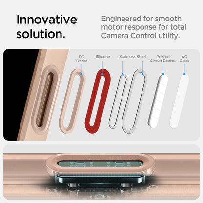 ACS09071 - iPhone 16 Pro Case Ultra Hybrid T (MagFit + Camera Control) in Frost Rose Titanium showing the innovative solution, engineered for smooth motor response for total camera control utility, parts of the button: PC Frame, Silicone, Stainless Steel,