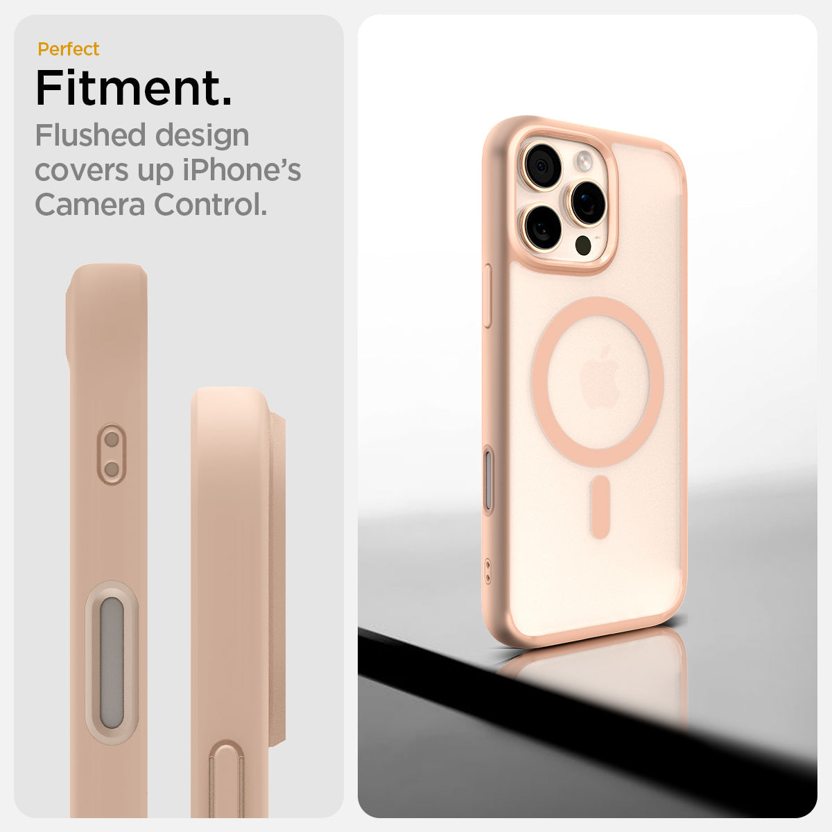 ACS09071 - iPhone 16 Max Case Ultra Hybrid T (MagFit + Camera Control) in Frost Rose Titanium showing the perfect fitment, flushed design covers up iPhone's camera control