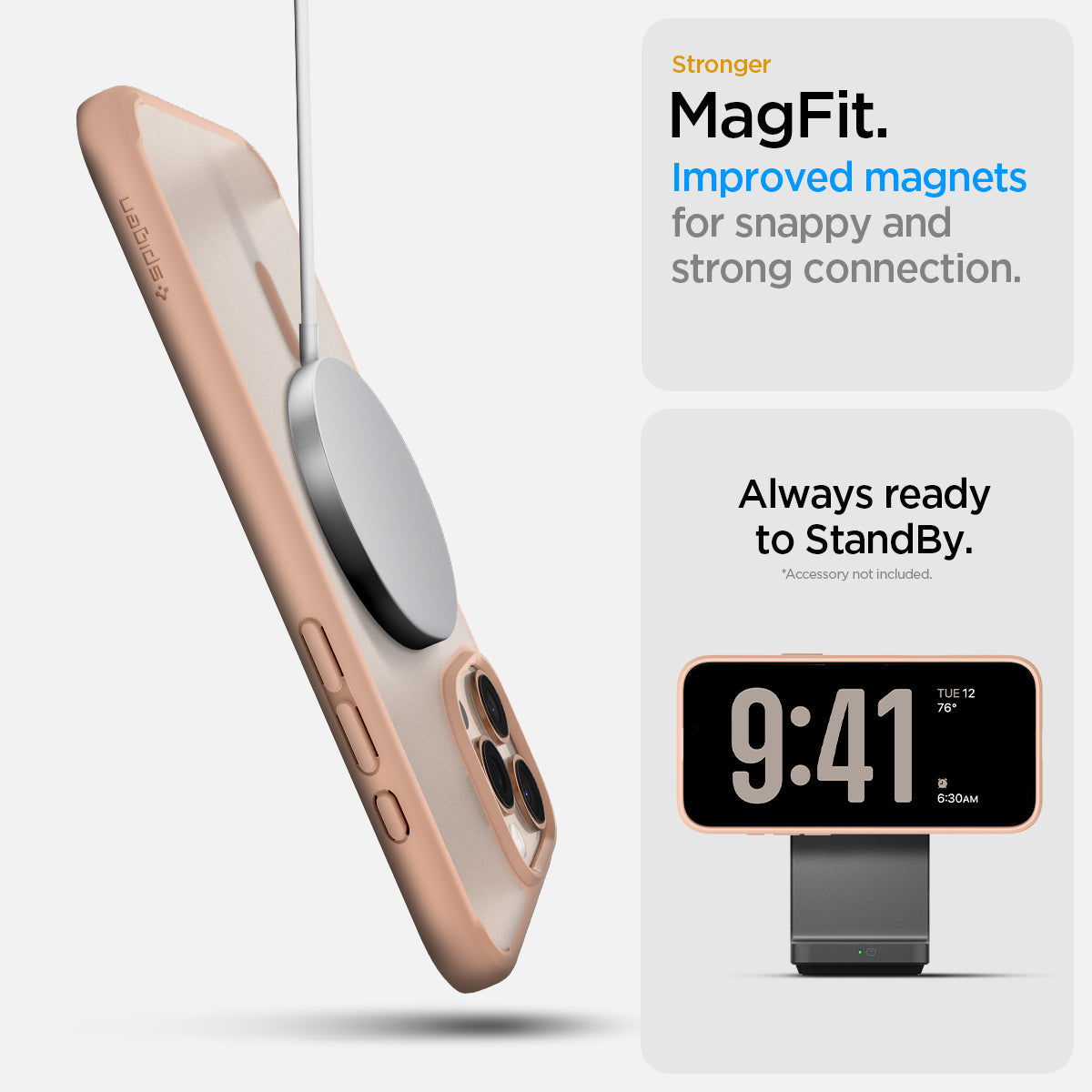 ACS09071 - iPhone 16 Pro Case Ultra Hybrid T (MagFit + Camera Control) in Frost Rose Titanium showing the stronger MagFit, improved magnets for snappy and strong connection. Always ready to StandBy