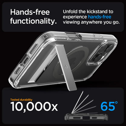 ACS08143 - iPhone 16 Pro Case Ultra Hybrid S (MagFit) in Graphite hands free functionality. Unfold the kickstand to experience hands free viewing anywhere you go. tested durability 10,000x