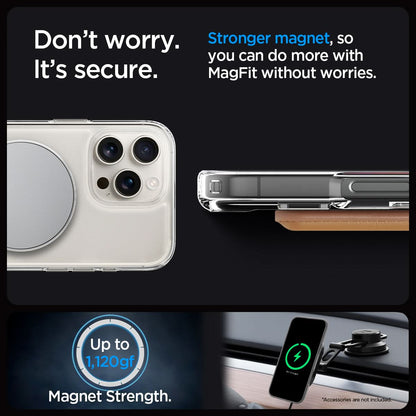 ACS08142 - iPhone 16 Pro Case Ultra Hybrid S (MagFit) in Crystal Clear don't worry. It's secure. Stronger magnet, so you can do more with magfit without worries. up to 1,120gf. Magnet strength.