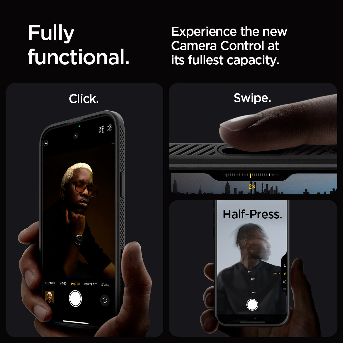 ACS09116 - iPhone 16 Pro Case Liquid Air T (MagFit + Camera Control) in Matte Black showing the full function. Experience the new Camera Control at its fullest capacity just click and swipe